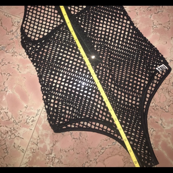 Black netted mesh zip up halter neck bodysuit. - Picture 6 of 8